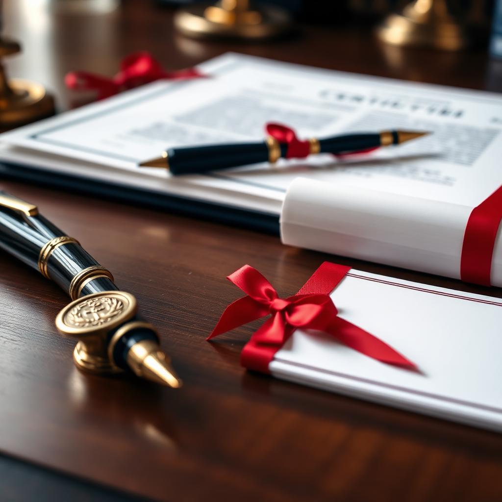 Escritorio notarial con documentos certificados, sello y pluma