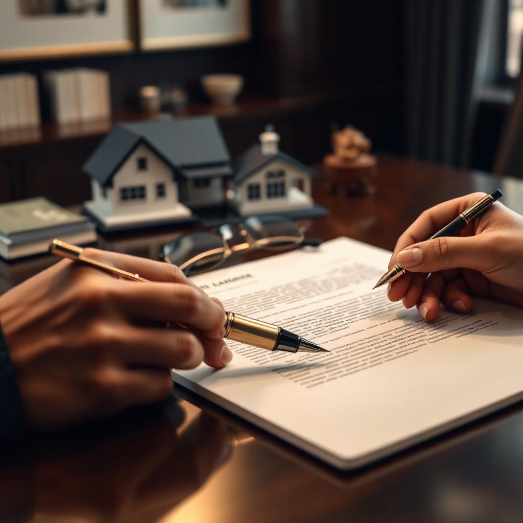 Documento de crédito hipotecario con pluma y modelo de casa